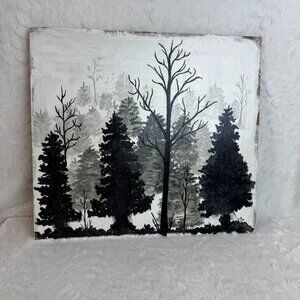 Hand-Painted Forest Landscape On Wooden Board Silhouette Misty Morning